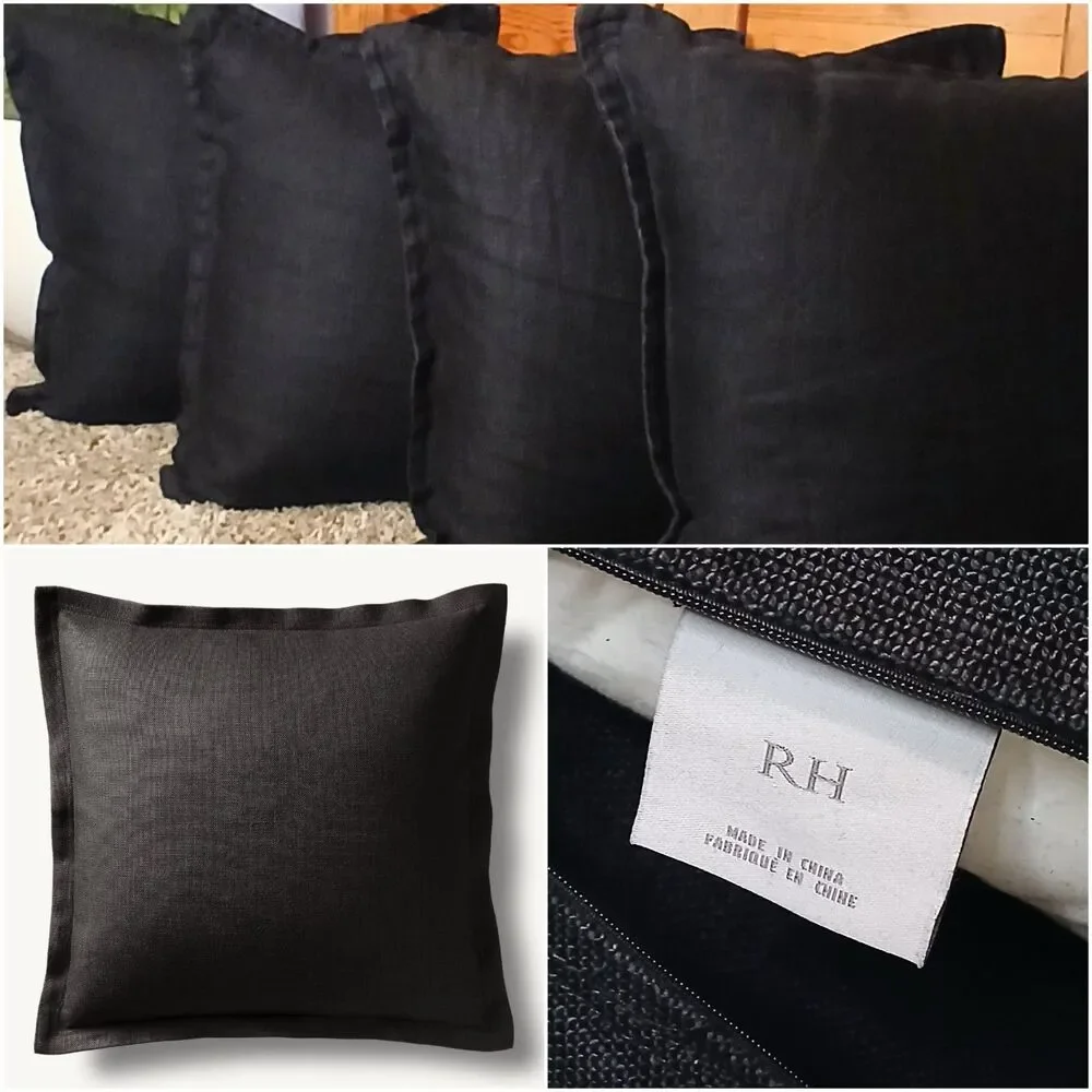 Restoration Hardware RH Heavyweight Linen Pillow Covers 22x22 Black  LOT OF 4